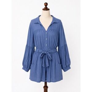 NEW Jen's Pirate Booty Blue Cotton Gauze Long Sleeve Button Front Romper Small